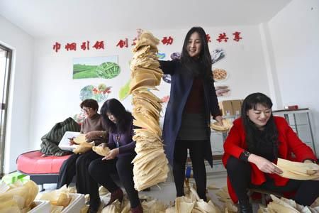 農家大姐們在分揀“棒棒葉“。